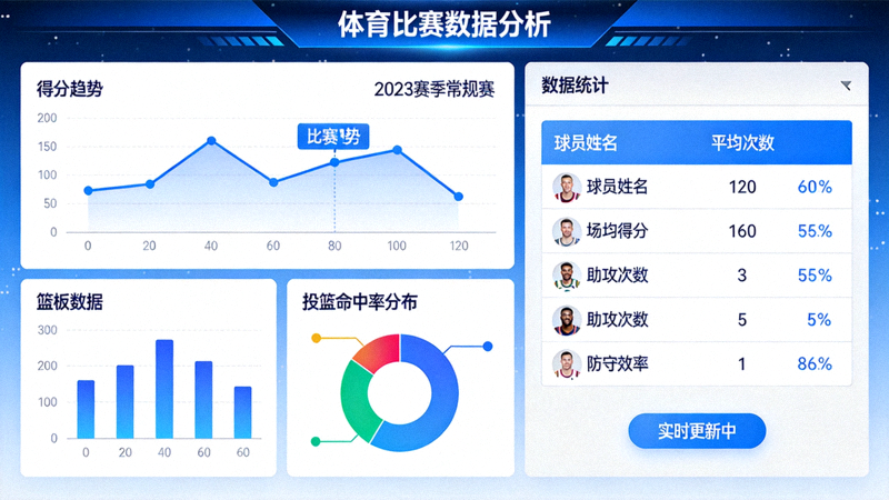 体育数据分析界面，展示比赛统计图表与数据面板