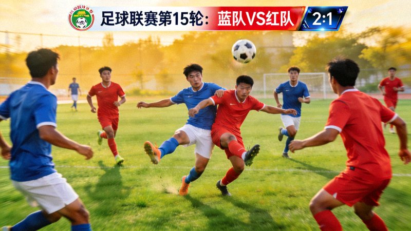 足球比赛战报现场，球员在球场上争抢球权